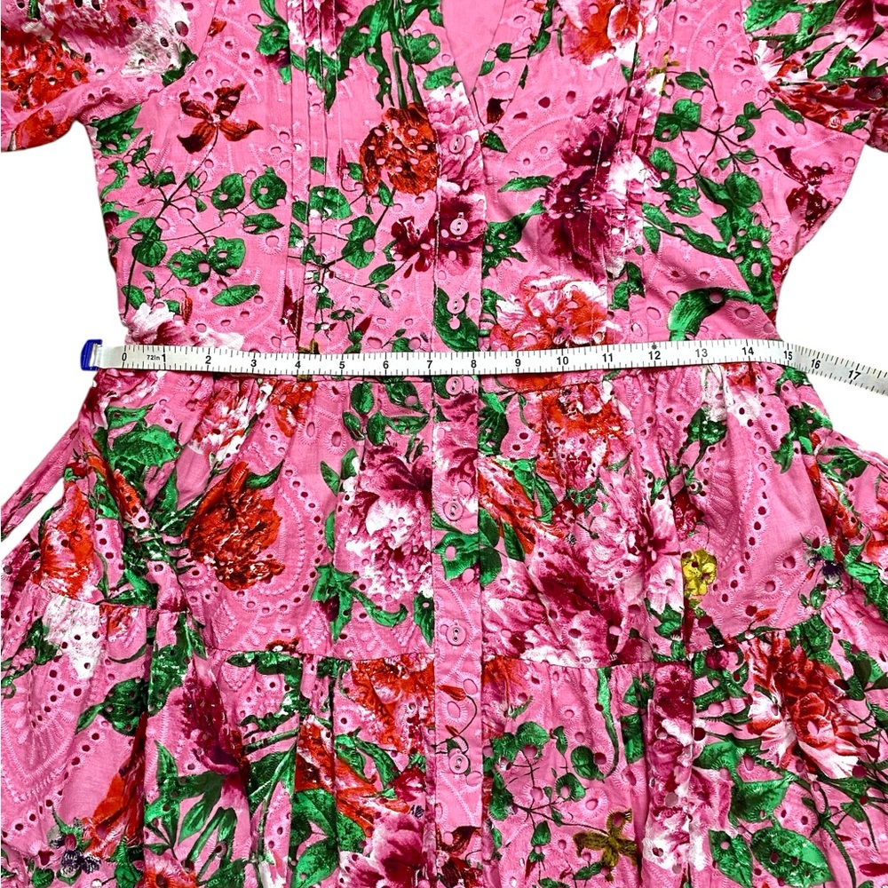 Gibson Latimer Pink Floral Eyelet Dress Small Cotton Puff Sleeve Tiered Midi - Picture 9 of 13